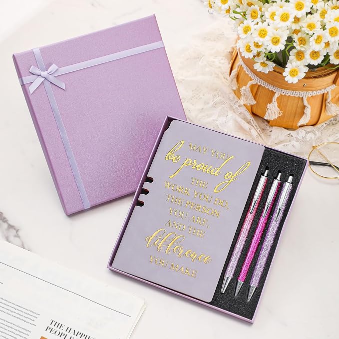 Resurhang 5 Pcs Employee Appreciation Gift Leather Journal Notebook 3 Ballpoint Pens with Box Thank You Gift for Nurse Volunteer Teacher Secretary Assistant Coworker Women(Purple)