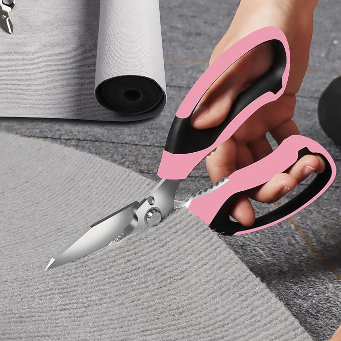 BoFuYuan Utility Scissors All Purpose heavy duty 8-Inch Pink | Comfort Grip, Sharp Serrated Blades Cutting Carpet Cardboard Wire Fabric, Multipurpose Shears for Kitchen Garden Office Craft