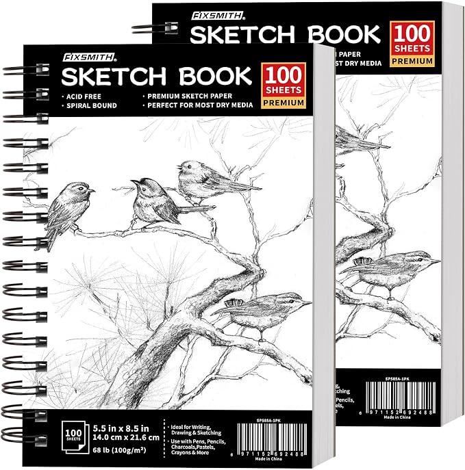 FIXSMITH 5.5"X8.5" Sketch Book | 200 Sheets (68 lb/100gsm) Sketchbook | 2 Pack | Acid Free Drawing Paper | Spiral Bound Artist Sketch Pad | for Kids,Beginners,Artists & Professionals