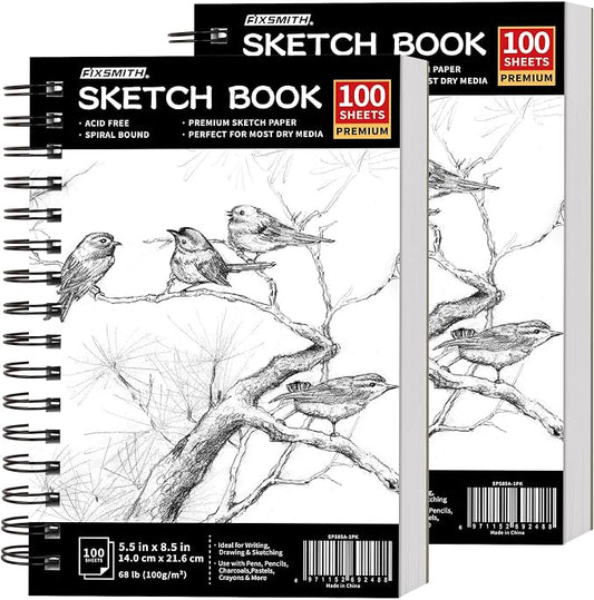 FIXSMITH 5.5"X8.5" Sketch Book | 200 Sheets (68 lb/100gsm) Sketchbook | 2 Pack | Acid Free Drawing Paper | Spiral Bound Artist Sketch Pad | for Kids,Beginners,Artists & Professionals