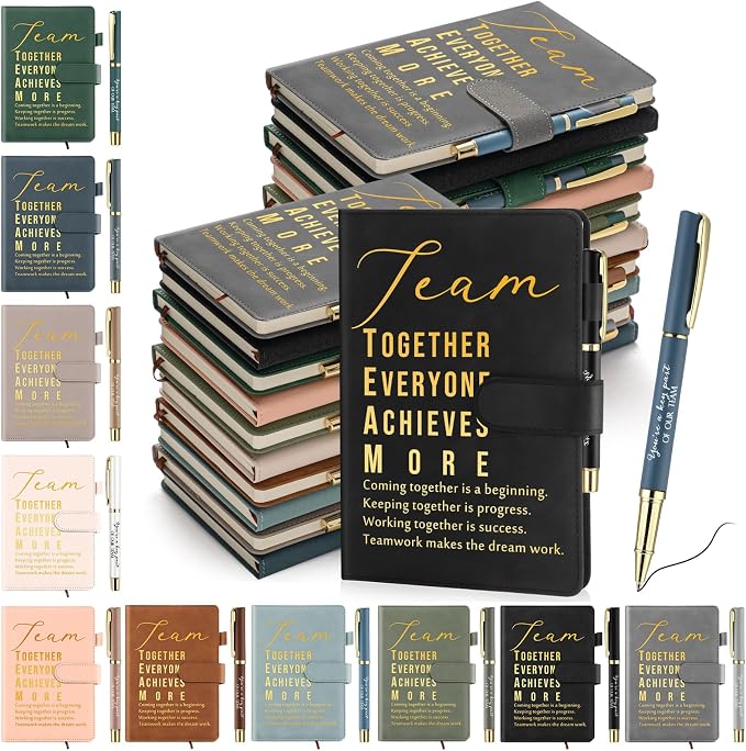 Kosiz 20 Pcs/10 Sets Employee Appreciation Gift Bulk A5 Leather Notebook Inspirational Journal Pen Thank You Gift for Men Women Coworker Teacher Office Back to School(Morandi,Team)