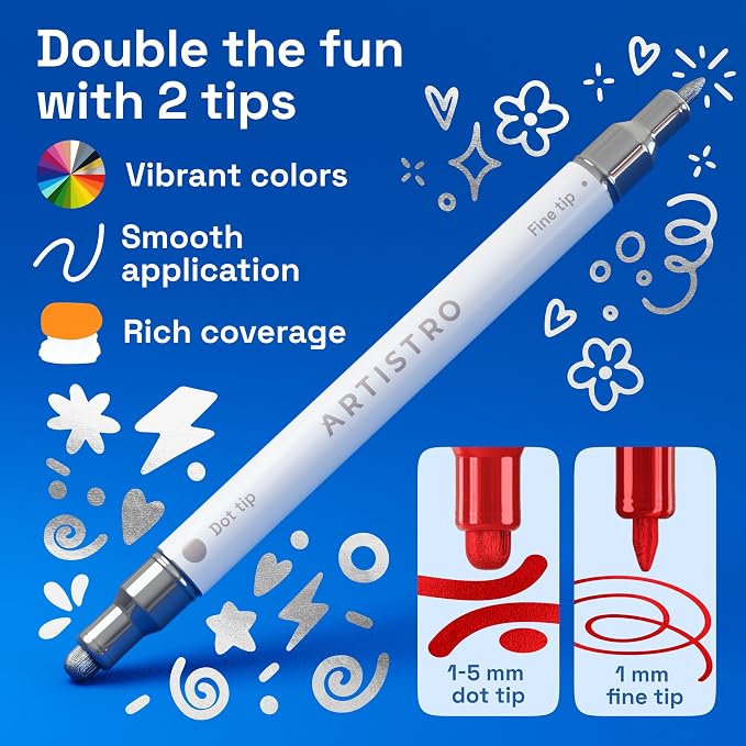 ARTISTRO 5 Metallic Dual-Tip Acrylic Paint Markers – Paint Pens Set with Dot & Fine Tips for Fabric, Rock, Glass, Wood, Coloring Books – Arts & Crafts Gift – Classroom Must Haves & School Supplies