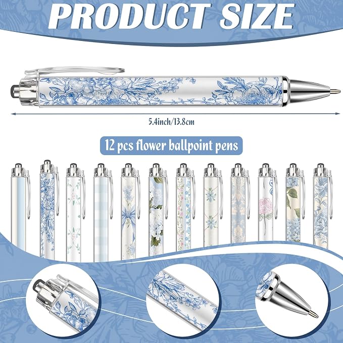 Motiskyy 24 Pcs Hydrangea Blue and White Floral Journal Pens Pastel Floral Patterns Ballpoint Pens Grandmillennial Aesthetic Notepads Set Line Notebook for Employee Gift Student School Office Supplies