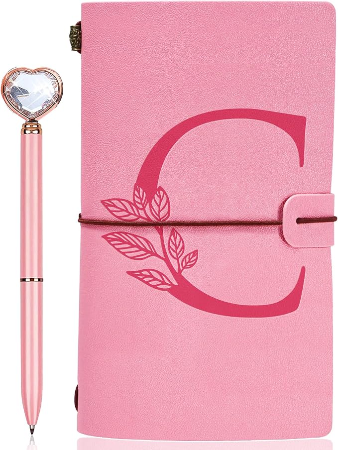 Personalized Journal Gift-Pink Initial Leather Journal+Heart Diamond Pen Set,Travel Notebook Diary Gifts,Refillable Notepads,Christmas,Birthday Gifts for Women Girls (7.9"x4.7") (C)