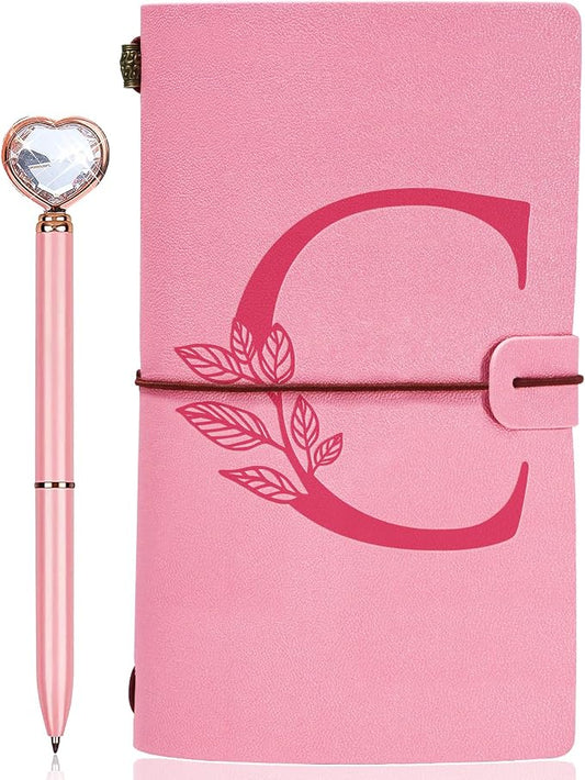 Personalized Journal Gift-Pink Initial Leather Journal+Heart Diamond Pen Set,Travel Notebook Diary Gifts,Refillable Notepads,Christmas,Birthday Gifts for Women Girls (7.9"x4.7") (C)