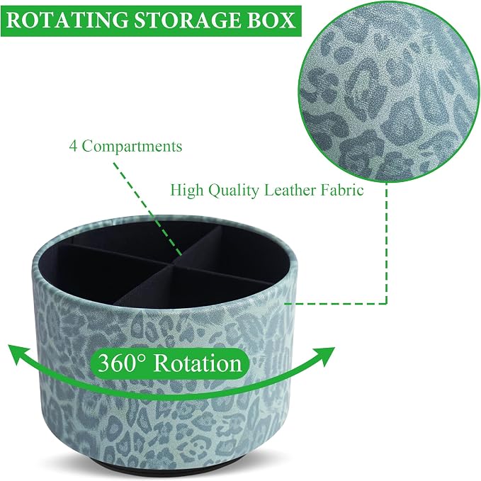 Round Leather Art Supply Organizer,Remote Control Holder,360 Degree Rotating,Multi-Functional Pencil Holder,4 Compartments Desktop Stationary Organizer(1-Leopard Green)