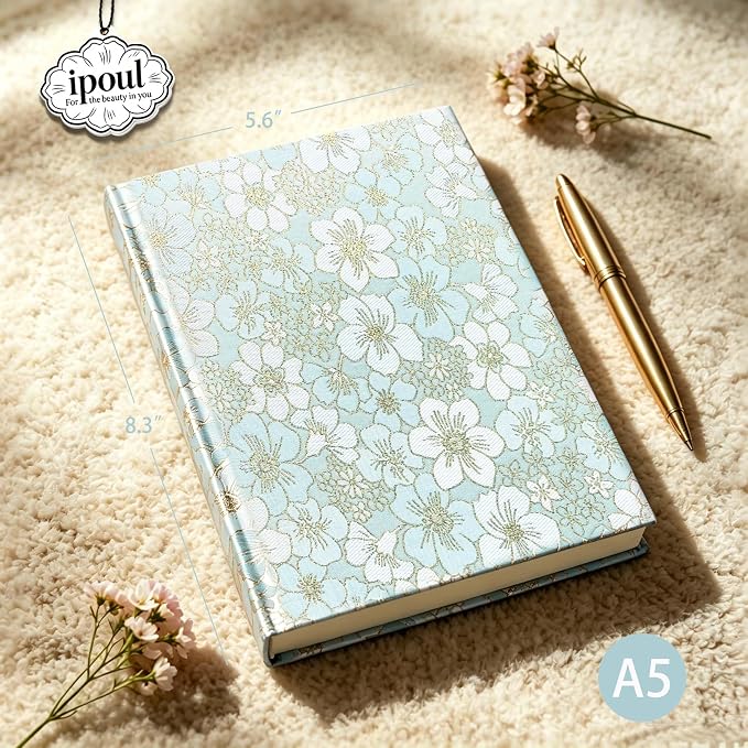 Blue Notebook, Beautiful Writing Journal for Women, A5, Hardcover, Lay Flat, Ruled Paper, Cherry Blossom Flowers, Cyan