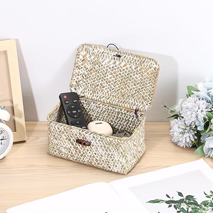 Handwoven Seagrass Basket Wicker Shelf Basket with Lid Rectangular Multipurpose Desktop Organizer Bin for Key Remote Control,Whitewash,7.0"x 4.3" x 3.3"