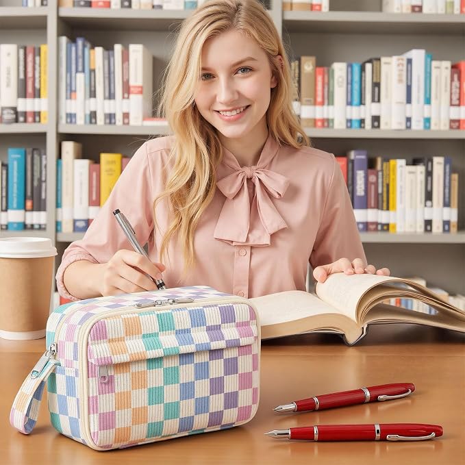 WOBAGMEN Cute Pencil Case,Large Corduroy Zippered Pencil Case Pouch, aesthetic Pencil Bag with Compartments, Pencil Pouch School Supplies (Colorful checked)