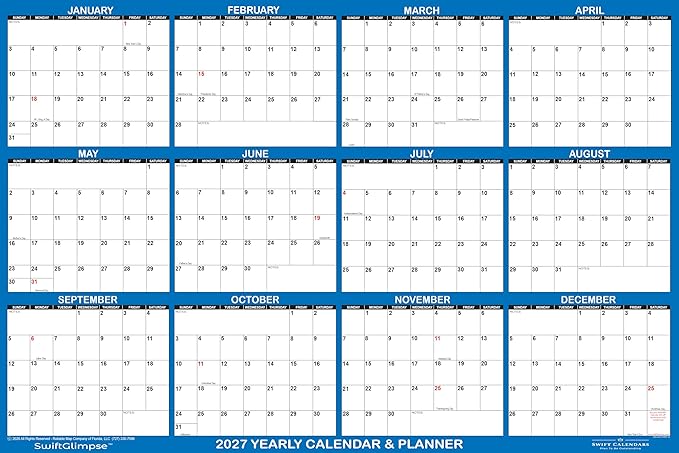 24" x 36" SwiftGlimpse 2027 Wall Calendar Erasable Large Wet & Dry Erase Laminated 12 Month Annual Yearly Wall Planner, Reversible, Horizontal/Vertical, Navy (5-PACK)