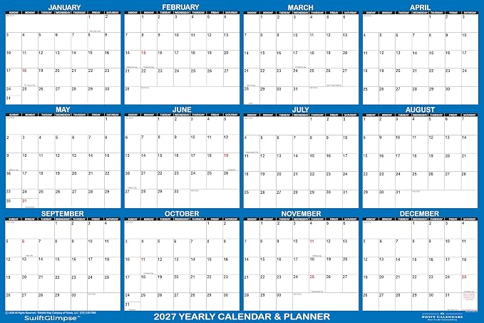 24" x 36" SwiftGlimpse 2027 Wall Calendar Erasable Large Wet & Dry Erase Laminated 12 Month Annual Yearly Wall Planner, Reversible, Horizontal/Vertical, Dark Blue
