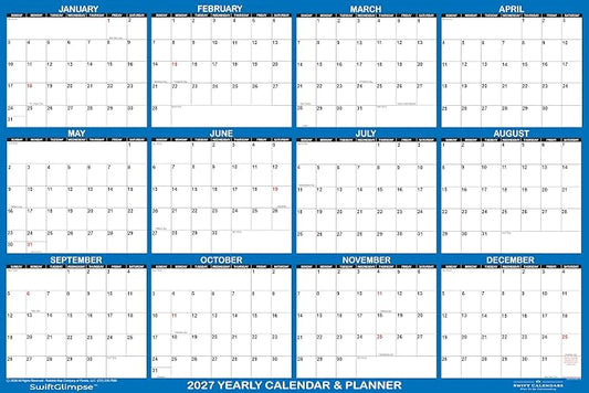 47" x 72" SwiftGlimpse 2027 Wall Calendar Erasable HUGE Jumbo Wet & Dry Erase Laminated 12 Month Annual Yearly Wall Planner, Horizontal, Navy