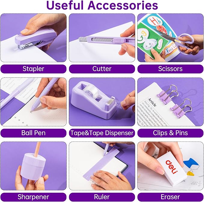 deli Office Supplies Set, Purple Desk Accessory Organizer Kit, Stapler Set, Rotating Multi-Functional Pen Holder, Tape Dispenser, Pens, Binder Clips, Sharpener, Scissor, Eraser, Purple Office Supplies