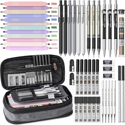 Nicpro School Supplies Stationary Set with Pencil Case, 50 PCS Black | Back to Schoo Supplies, Pen Case with 12 Highlighter, 5 Gel Pen, 6 Mechanical Pencil, Essentials for College, Nursing Student