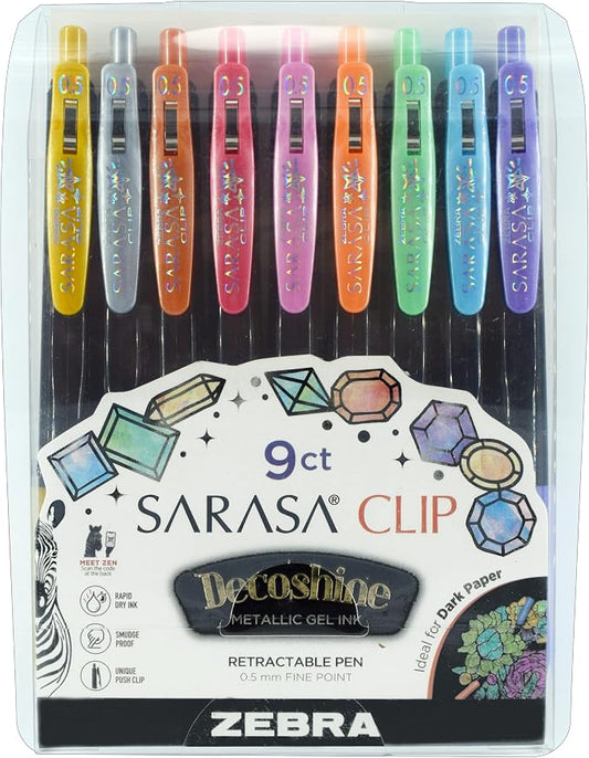 Zebra Pen SARASA Clip Retractable Gel Pen, Assorted Metallic Ink, 9-Pack