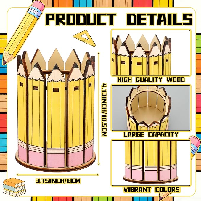 Tenceur 2 Pcs Pencil Shaped Holder Wooden Dispenser Pencil Cup for Back to School Teachers Classroom Organization Teacher Appreciation Gifts