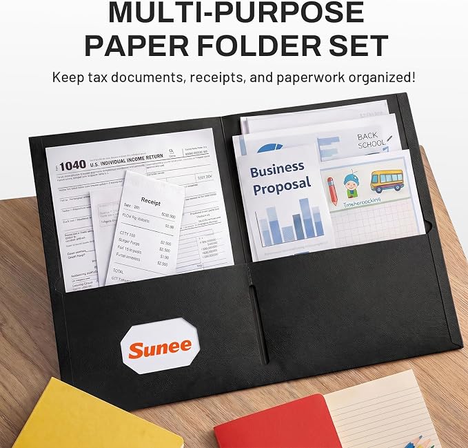 SUNEE Folders with Pockets, 50 Pack File Folders with Business Card Slot, Textured Paper, Fit Letter Size Paper, Paper File Folder for School Office Home Business, Black