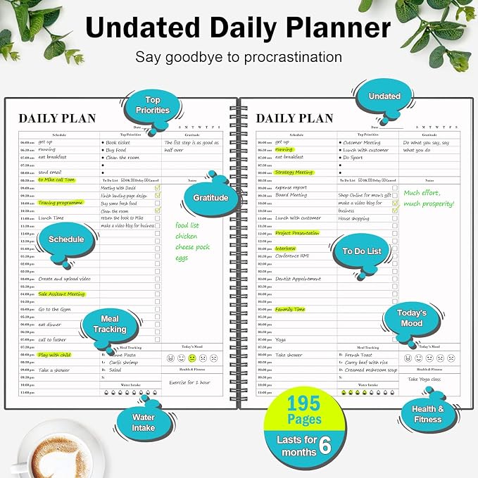 Planner Undated, Asten Daily Planner Agenda with To Do List, Hourly Schedules for Women and Men, Spiral Appointment Book with Elastic Closure, Inner Pocket 8.5" x 11" (Black)