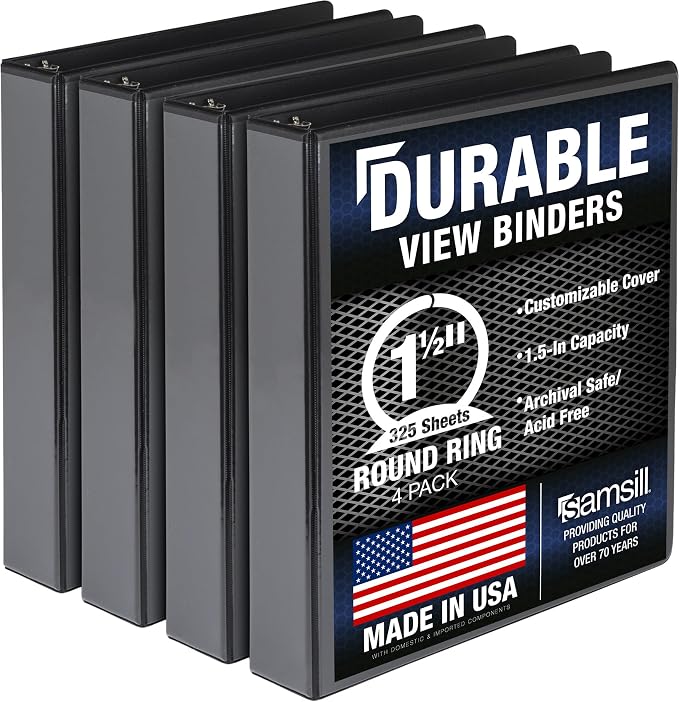 Samsill 4 Pack Durable 1.5 Inch 3 Ring Binders, Round Ring, Clear View Cover for Presentations, Black