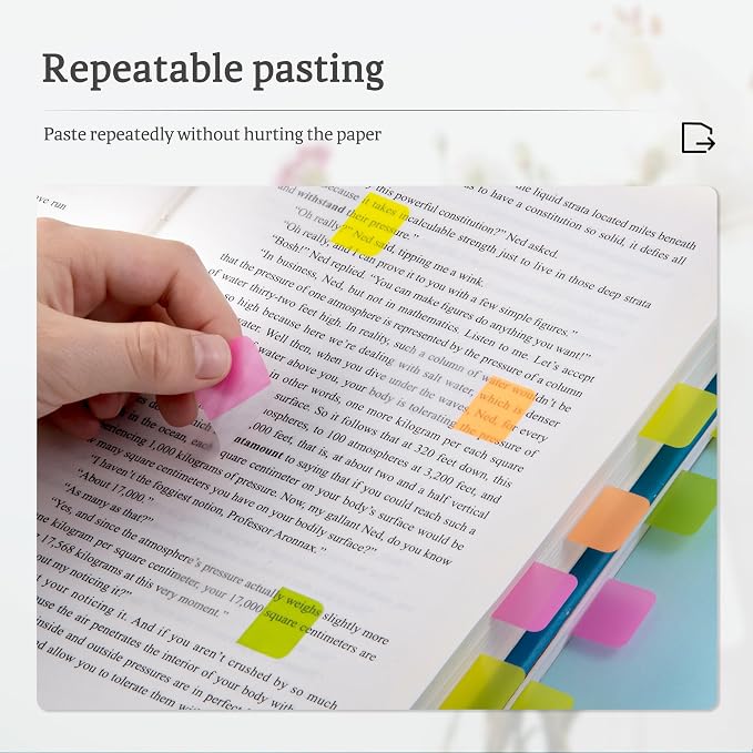 Golcellia 480 Pieces, 4-Colors Sticky Index Tabs Transparent Sticky Notes, Colored Page Markers for Bookmarks, Writable and Repositionable Index Annotation Tabs