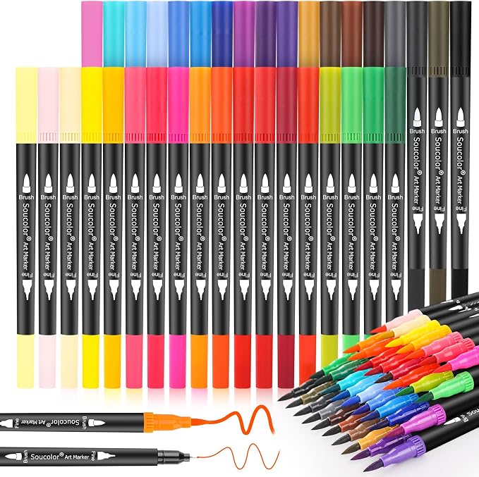Soucolor 36 Dual Tip Brush Markers, Water-Based Art Pens, Adult Coloring | 36 Color Dual Tip Markers with Brush & Fine Point for Adult Coloring Books, Hand Lettering, Journaling & Art Projects