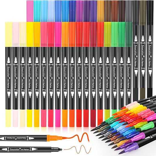 Soucolor 36 Dual Tip Brush Markers, Water-Based Art Pens, Adult Coloring | 36 Color Dual Tip Markers with Brush & Fine Point for Adult Coloring Books, Hand Lettering, Journaling & Art Projects