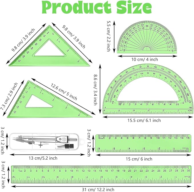 Zonon 7‑Piece Geometry Set with Drawing Compass, 6 & 4 Inch Protractors, Triangle Rulers and Straight Rulers, Transparent Math Drafting Supplies for Back to School, Students and Office Use(Green)