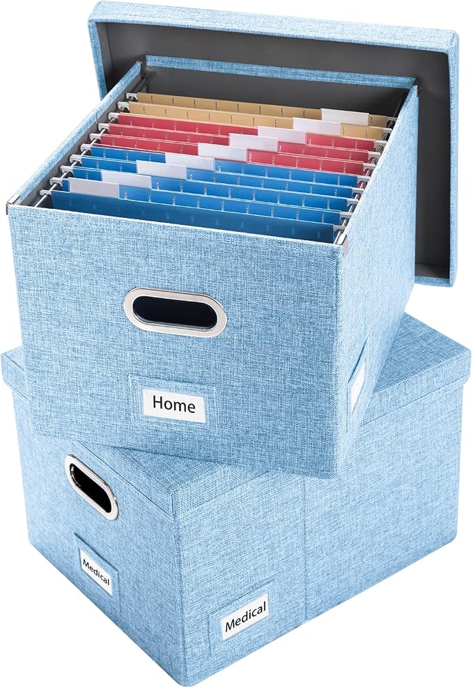 PRANDOM File Organizer Box - Set of 2 Collapsible Decorative Linen Filing Storage with Lids Office Cabinet Letter/Legal Size Blue (17x14x11.2 inch)