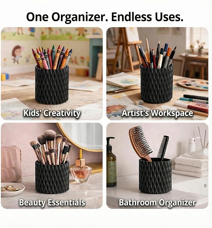 Black Pen Holder for Desk, 360° Rotating Pencil Organizer, 5 Slots | Spinning multi-use organizer for pens, makeup brushes, art supplies, markers - desk caddy for office