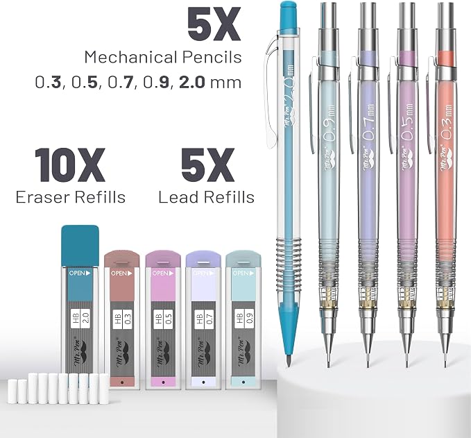 Mr. Pen- Pastel Mechanical Pencil Set, 5 Mechanical Pencils (0.3, 0.5, 0.7 | 0.9, 2.0mm), 5 HB Lead Refills & 10 Eraser Refills, Precision Drawing Pencils for Sketching, Writing & Technical Artwork