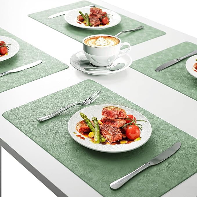 Green Plastic Placemats Set of 6, Faux Leather Waterproof Table Mats | Green Vinyl placemats,Wipeable and heat resistant table mats.Easy to clean,great for indoor and outdoor