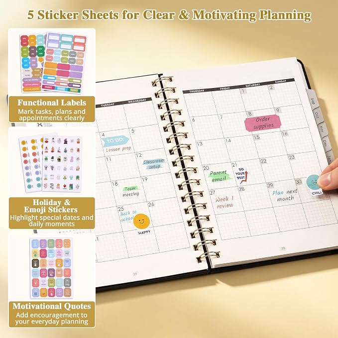 JoyCat Academic Planner 2026-2027, A5 Weekly & Monthly, Black | July 2026-June 2027 A5 planner combines weekly and monthly layouts, tabs, grid notes and sticker sheets.