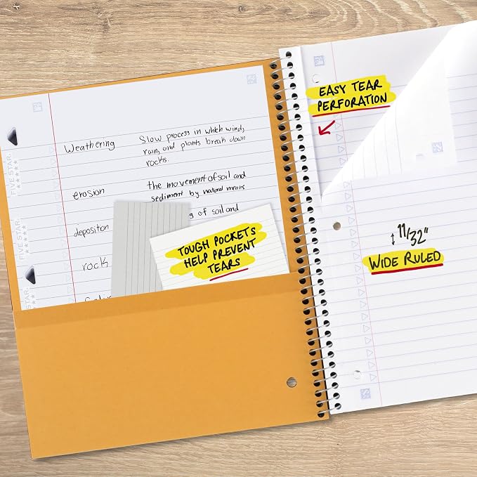 Five Star Spiral Notebook + Study App, 5 Subject, Wide Ruled Paper, 8" x 10-1/2", 200 Sheets, Fights Ink Bleed, Water Resistant Cover, Fire Red (72041)