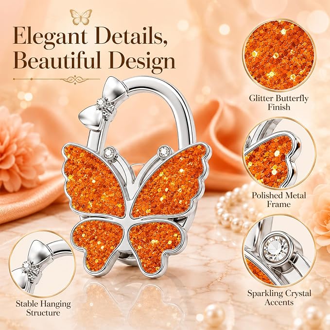 Purse Hook for Table, Foldable Handbag Hanger for Women, Portable Bag Holder with Non-Slip Base, Cute Sequin Orange Butterfly Purse Table Hook for Restaurant Office Travel Gift