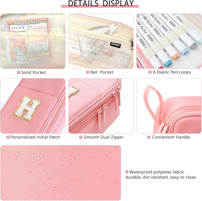 Cute Large Pencil Case Pouch,Personalized Initial Pencil Bag for Girls Boy | Multiple Pockets With Smooth Dual-Zipper, Big Capacity Aesthetic Pen Case Bag For Kids College Art School Gift