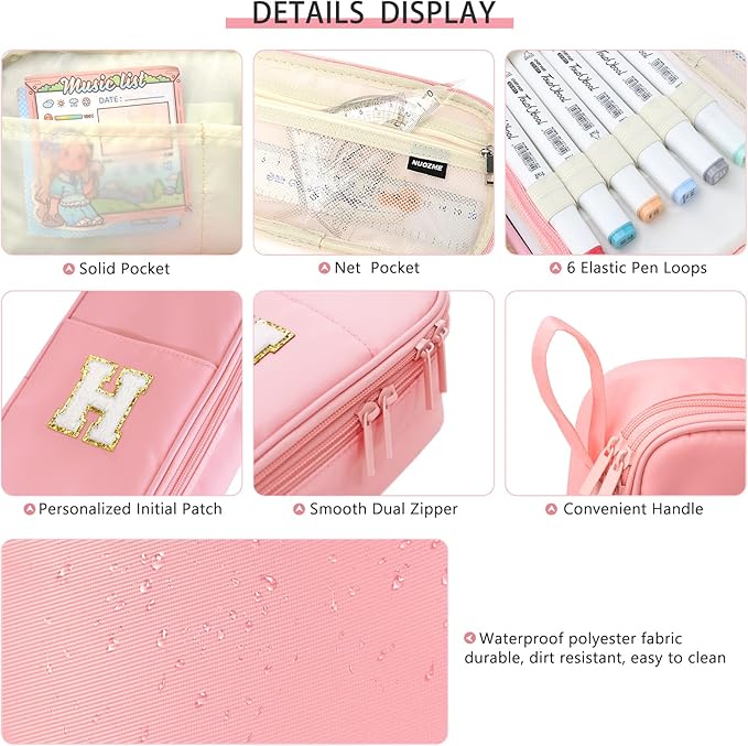 Cute Large Pencil Case Pouch,Personalized Initial Pencil Bag for Girls Boy | Multiple Pockets With Smooth Dual-Zipper, Big Capacity Aesthetic Pen Case Bag For Kids College Art School Gift