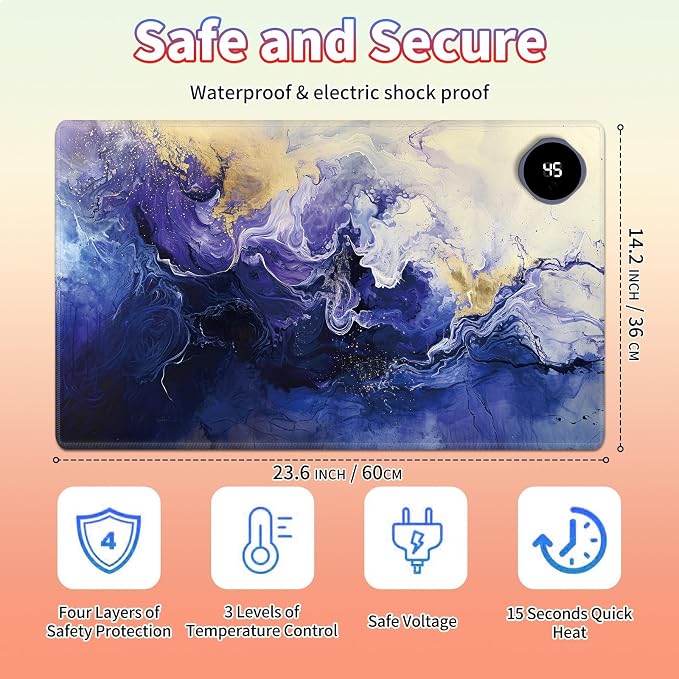 Heated Desk Pad Large Mouse Pad 23.6 x 14.1 inch with 3 Levels Heating & Auto Shut-Off Warm Mouse pad PU Leather Computer Mousepad for Home Office Work - Purple Marble
