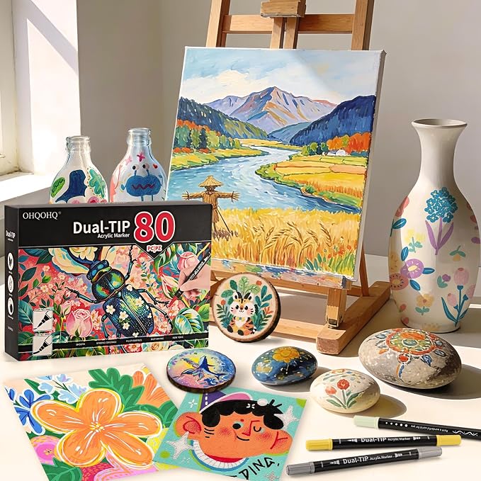 80 Colors Acrylic Paint Markers, Dual Tip Acrylic Markers Set with Fine & Dot Tip for Rock Painting, Stone, Wood, Canvas, Ceramic, Glass, Metal & Calligraphy