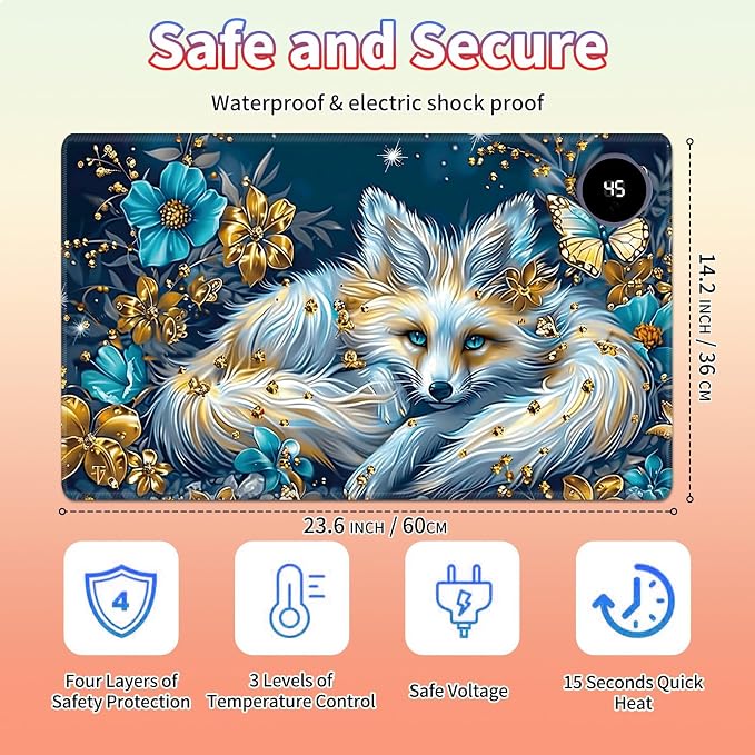 Heated Desk Pad Large Mouse Pad 23.6 x 14.1 inch with 3 Levels Heating & Auto Shut-Off Warm Mouse pad PU Leather Computer Mousepad for Home Office Work - White Fox and Butterflies