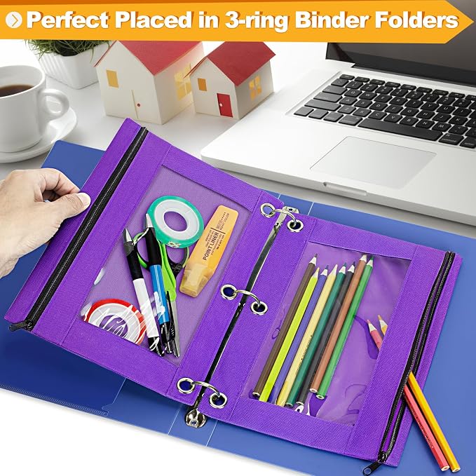 Pencil Pouch for 3 Ring Binder, 2 Pack Pencil Bags with Zipper, Purple Pencil Case for Classroom School Office Supplies, Large Sturdy and Durable Cloth Pencil Pocket for 3 Holder Binder