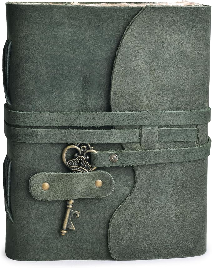 LEATHER VILLAGE Vintage Leather Journal – 200 Handmade Vintage Deckle Edge Paper – Leather bound Journal For Women Men – Vintage Key Closure - Book of Shadows - Aqua - 6X4 inches (A6)