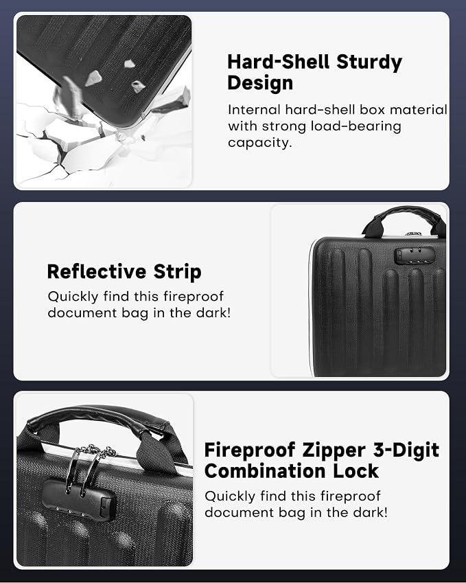 DOZAWA Fireproof Document Box, Waterproof Hard File Organizer with Lock | UL-94 VTM-0 certified 8-layer document box withstands up to 5200°F, featuring waterproof zippers for total file safety, Black