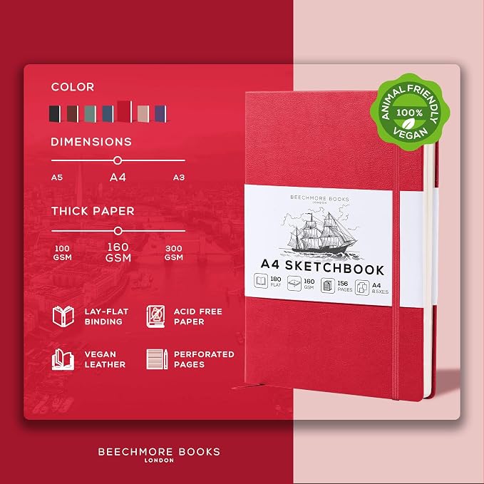 Beechmore Books A4 Mixed Media Sketchbook - 8.5"x11" Hardcover Lay-Flat Art Journal, 160 GSM / 98 lb Professional Ivory Paper, 156 Perforated Pages, Gift Box, Ink, Drawing and Light Watercolor
