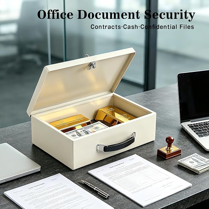xydled Fire Resistant Safe Fire Safe Box with Key Lock for Home Office Security Storage for Valuables Documents,12.8 x 8.5 x 4.5 Inch,White,Beige