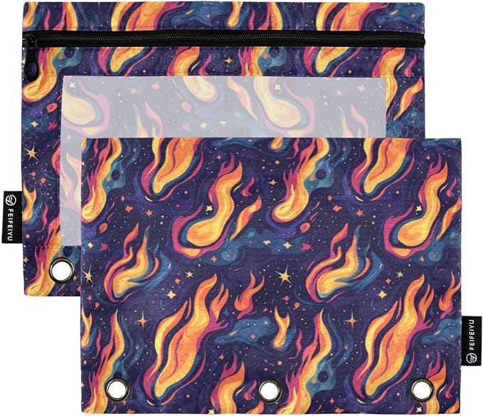 Binder Pencil Pouches Y2k Style with Fires Pen Case | Clear Window 3 Rings, Cosmetic Bags School Office Supplies Cosmetic Makeup Bag 2 Psc