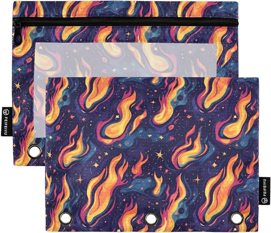 Binder Pencil Pouches Y2k Style with Fires Pen Case | Clear Window 3 Rings, Cosmetic Bags School Office Supplies Cosmetic Makeup Bag 2 Psc