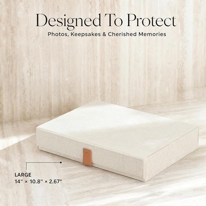 ZICOTO Decorative Photo Storage Box with Lid - A Beautiful Linen Organizer Perfect to Safely Store Your Pictures, Documents, Scrapbooking Supplies, Keepsakes and Other Memories in Style