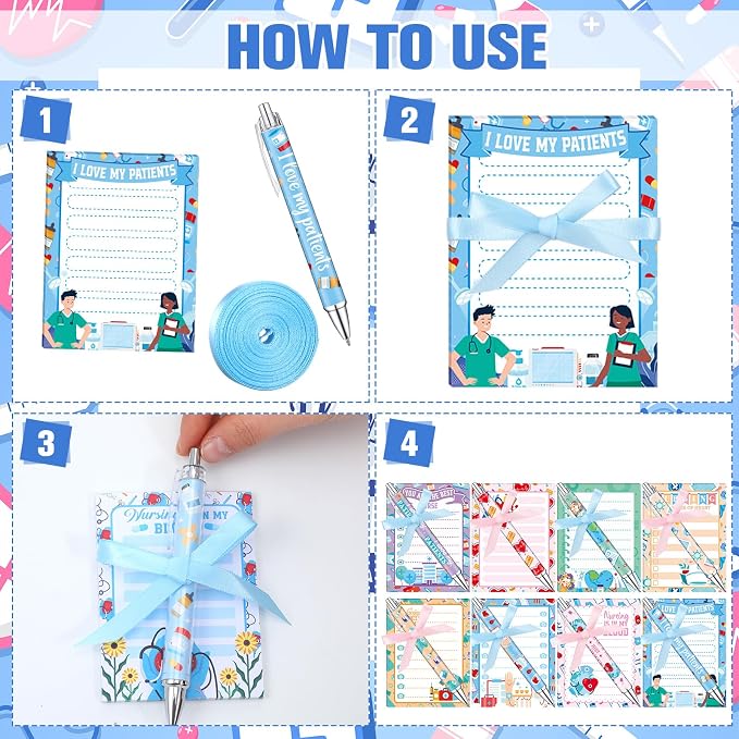 Eaasty 48 Pcs Nurse Gifts Bulk Funny Nurse Notepads and Ballpoint Pens with Ribbon Inspirational Thank You Gifts for Nursing, Coworker, Staff, Student, Healthcare Worker