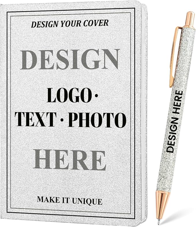 Custom Notebook and Pen Set - Personalized Cover with Logo/Text/Photo, Glitter Design & Rose Gold Accents, Customizable Journal with Matching Pen for Gifts/Office/School, Make It Unique, White