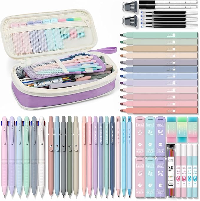 Four Candies 56 PCS School Supplies with Pencil Case, 6 Multicolor Pens, 12 Pastel Highlighters, 5 Gel Pens, 9 Mechanical Pencils for Student Back to School Stationery Set College Essentials (Purple)